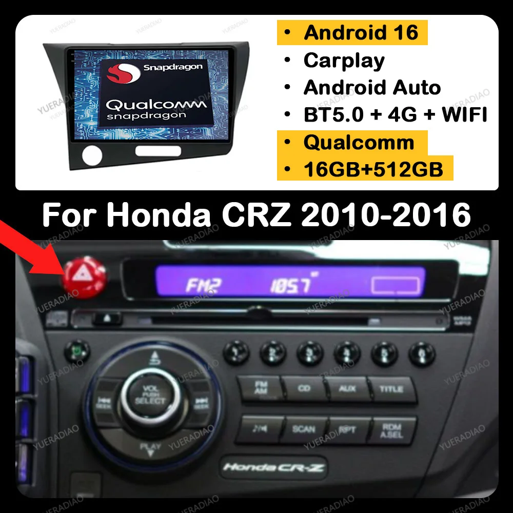 Radio para Auto Android 16 para Honda CRZ CR-Z 2010-2016, GPS NAVI, 4G LTE, 5G WIFI, Unidad Principal Qualcomm, Reproductor Multimedia de Video, QLED, BT