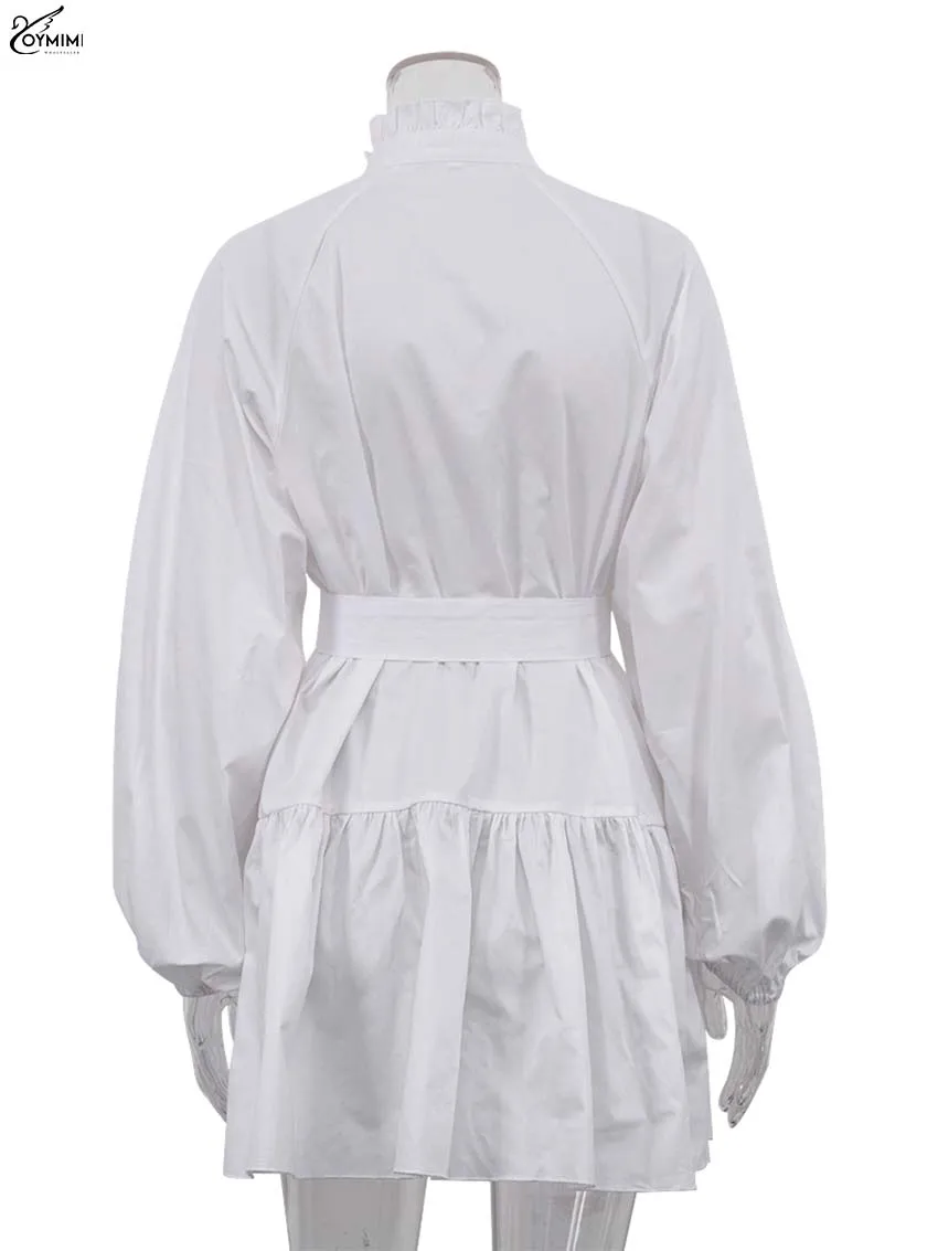 Oymimi Elegant White Cotton Women\'s Dress Casual Ruffled Collar Long Sleeve Single Breasted Dresses Fashion Lace-Up Mini Dresses