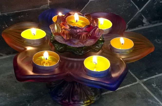 Wholesale Buddhist supplies # Large -Colored Glaze crystal Buddhist shrine Lotus Seven star lamp candlestick Lamp holder