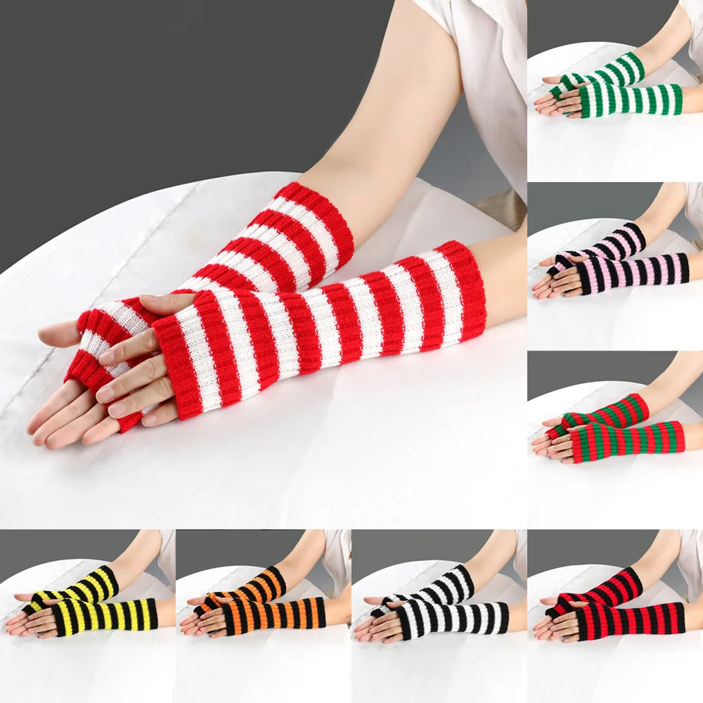 Women's Knitted Fingerless Arm Sleeves Striped Gothic Y2K Long Arm Warmers Elbow Mittens Outdoor Gloves Fashionable Retro Style