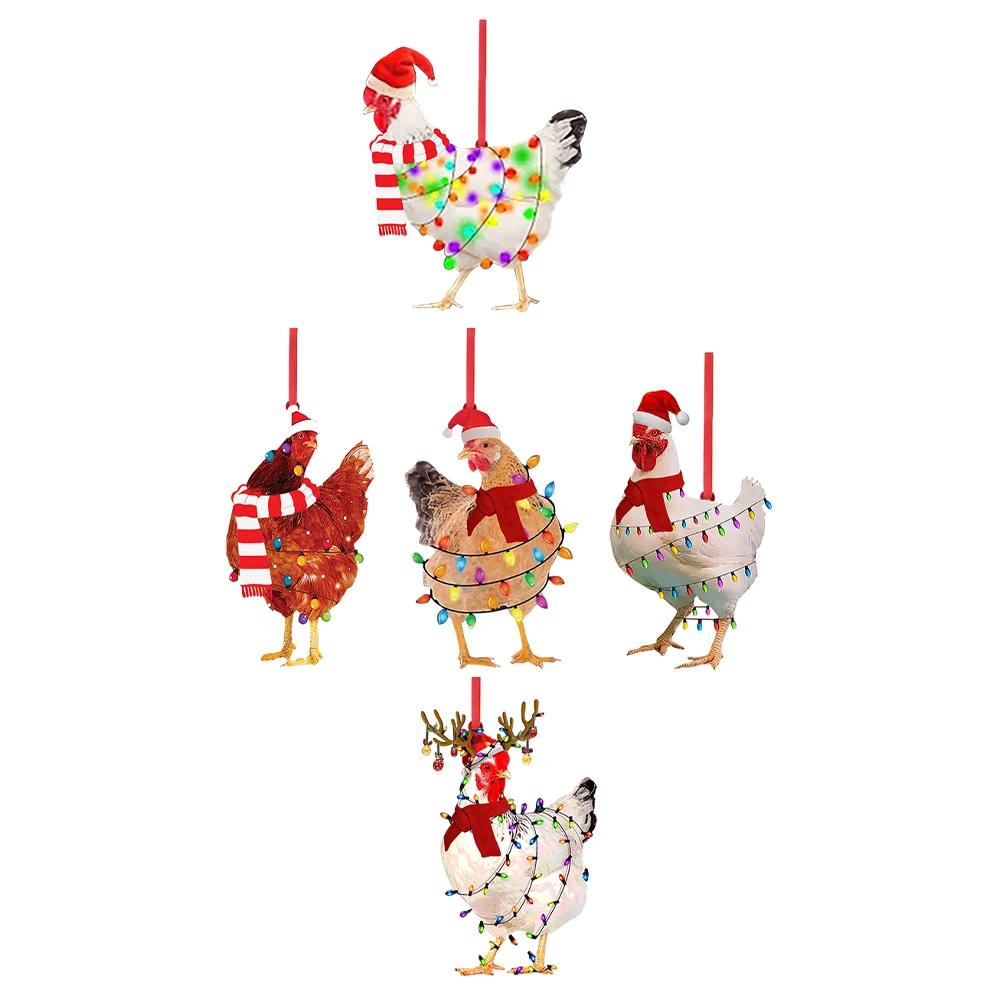 

5pcs Christmas Chicken Hanging Decor Wooden Xmas Tree Ornament Holiday Party Wedding Winter Theme Decoration Party Supplies