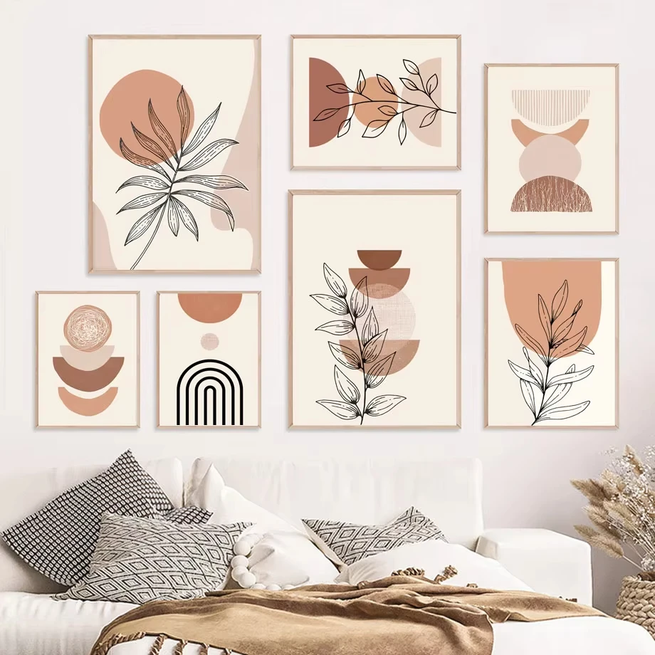 (No frame)1 pieza de arte abstracto geométrico con diseño de hojas y jarrón, pintura en lienzo para pared, pósteres nórdicos,