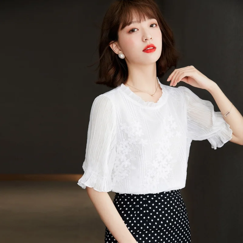 Short Sleeve Embroidery Chiffon Women Blouse Casual Elegant White Stand Collar Tops Summer Hollow Out Shirt