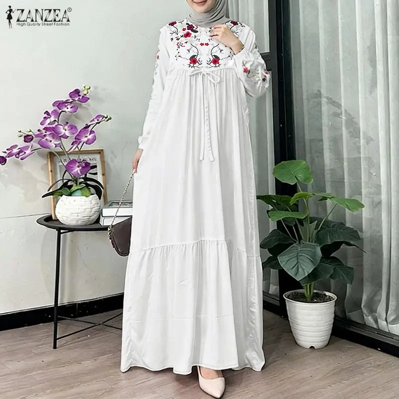 

ZANZEA Muslim Women's Floral Print Maxi Dresses Lantern Sleeve Lace-Up Abaya Robes Islamic Hijabs Modest Fashion Eid Long Dress