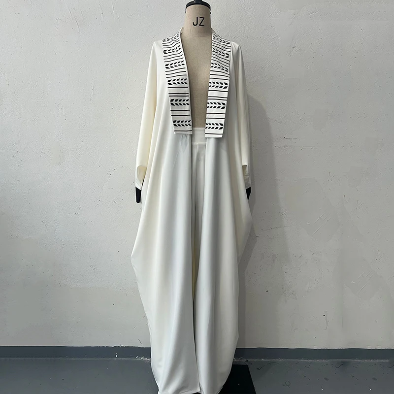 새로운 여성 패션 프린트 로브 팬츠 투피스 세트 캐주얼 루즈 긴팔 배색 가디건 코트 밴딩 팬츠 슈트