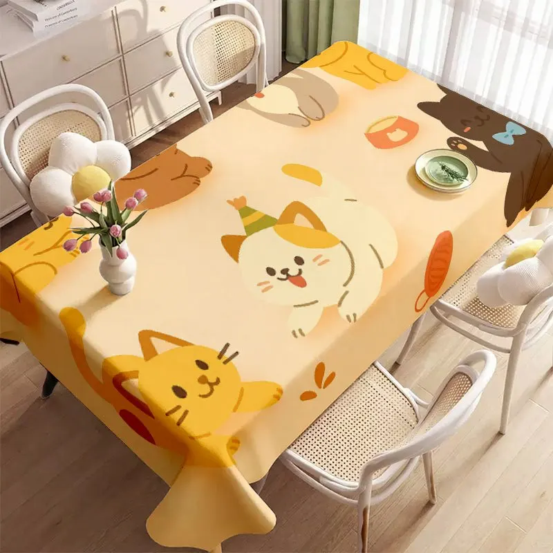 Kawaii Kitten Tablecloth, Beige Background Cartoon Playful Cat Pet Pattern Waterproof Table Cover, Washable for Home Party Decor