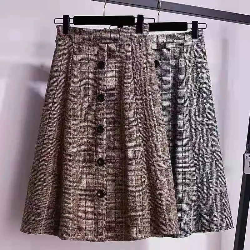Large Size Women's Autumn Winter Elastic Waist A-line Skirt Woman Skirts Faldas Jupe Korean Retro Plaid Mid-Long Skirts Size 4XL