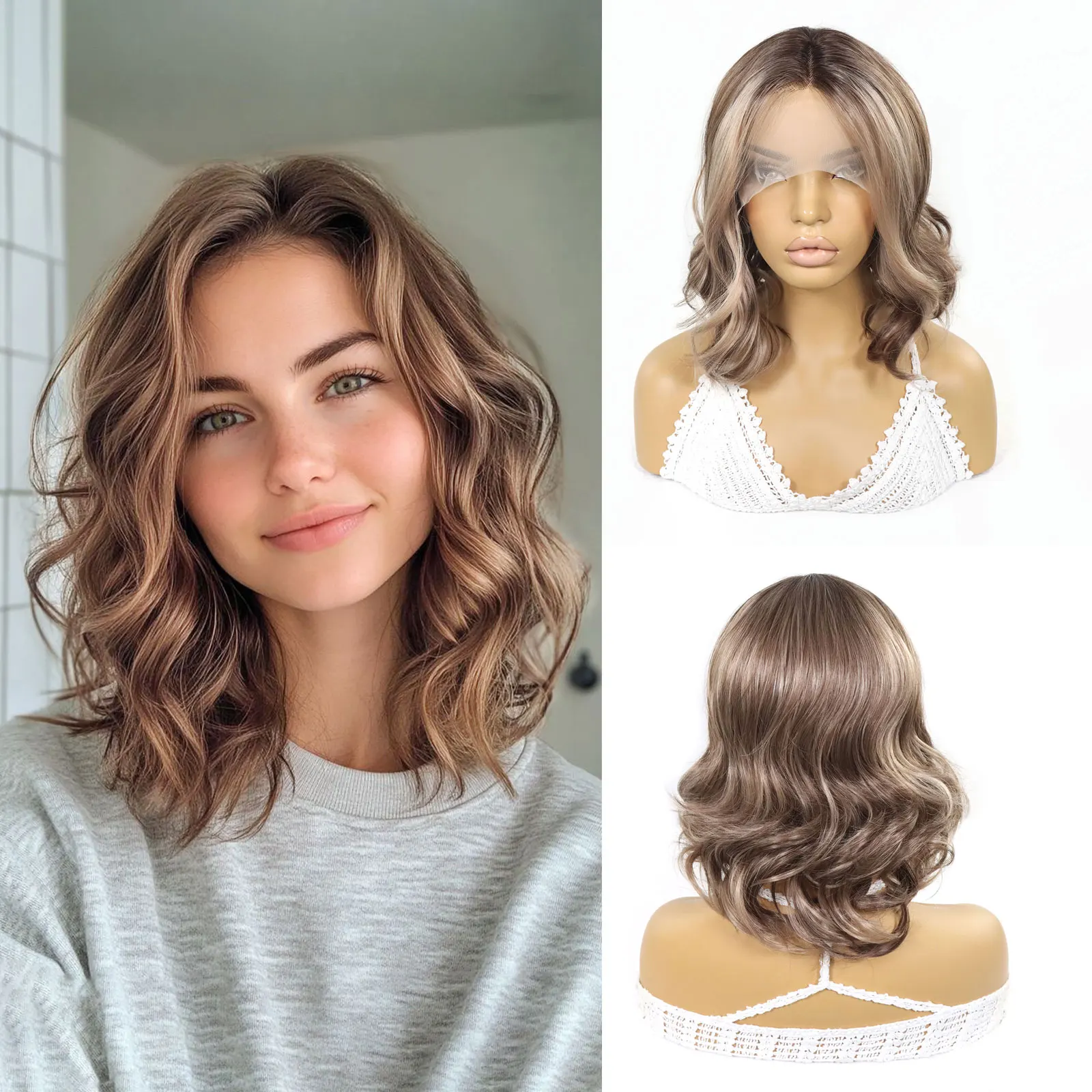

14 "Темные корни Ombre Блондинка Выделите Короткие вьющиеся волны Синтетический парик для женщин 13*3 дюйма Прозрачный парик фронта шнурка 130% Плотность