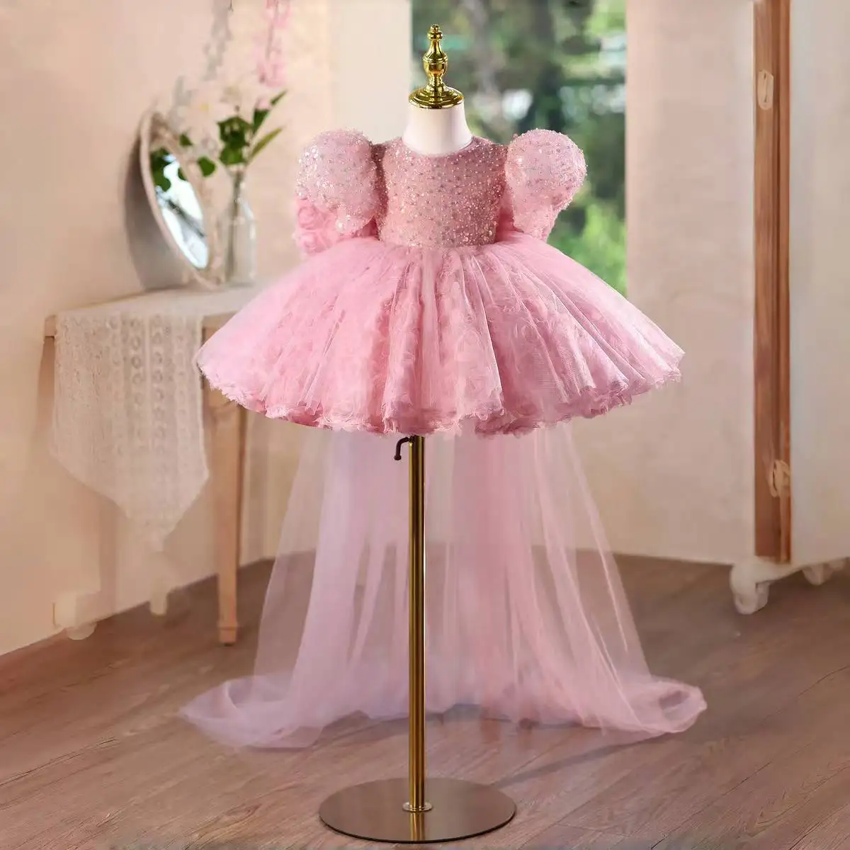 

Dreamy Vow D160 Pink Flower Girl Dress Pearls Beads Knee Length Princess Kid Wedding Birthday Festival Party Pageant Formal Gown