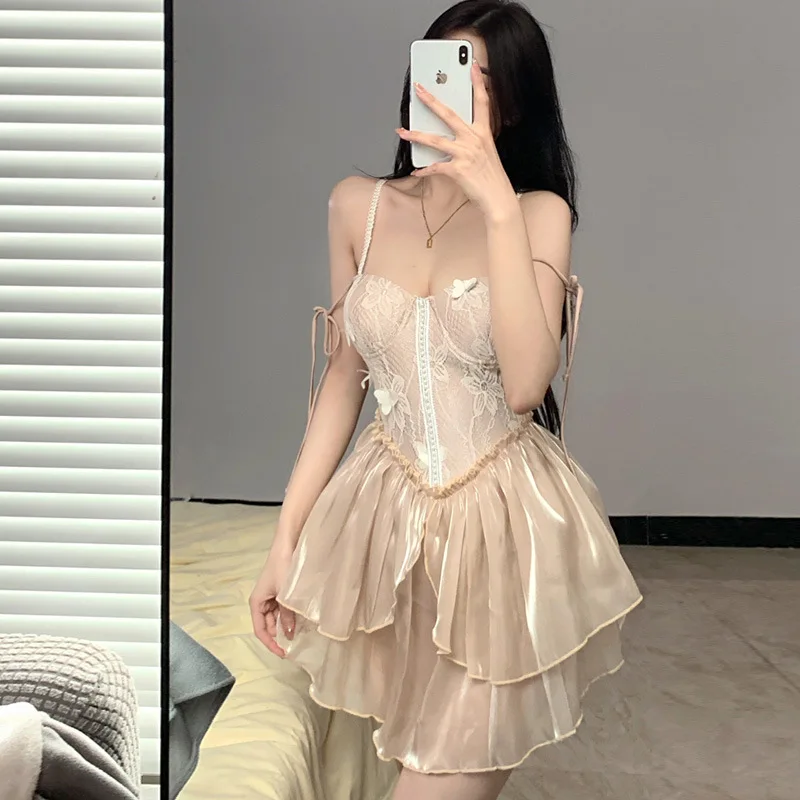 Wisuwore Swimsuit Female Summer 2023 Net Red Fairy Fan Conservative Belly Cover Thin Lace Skirt One-piece Hot Spring Swimsuit