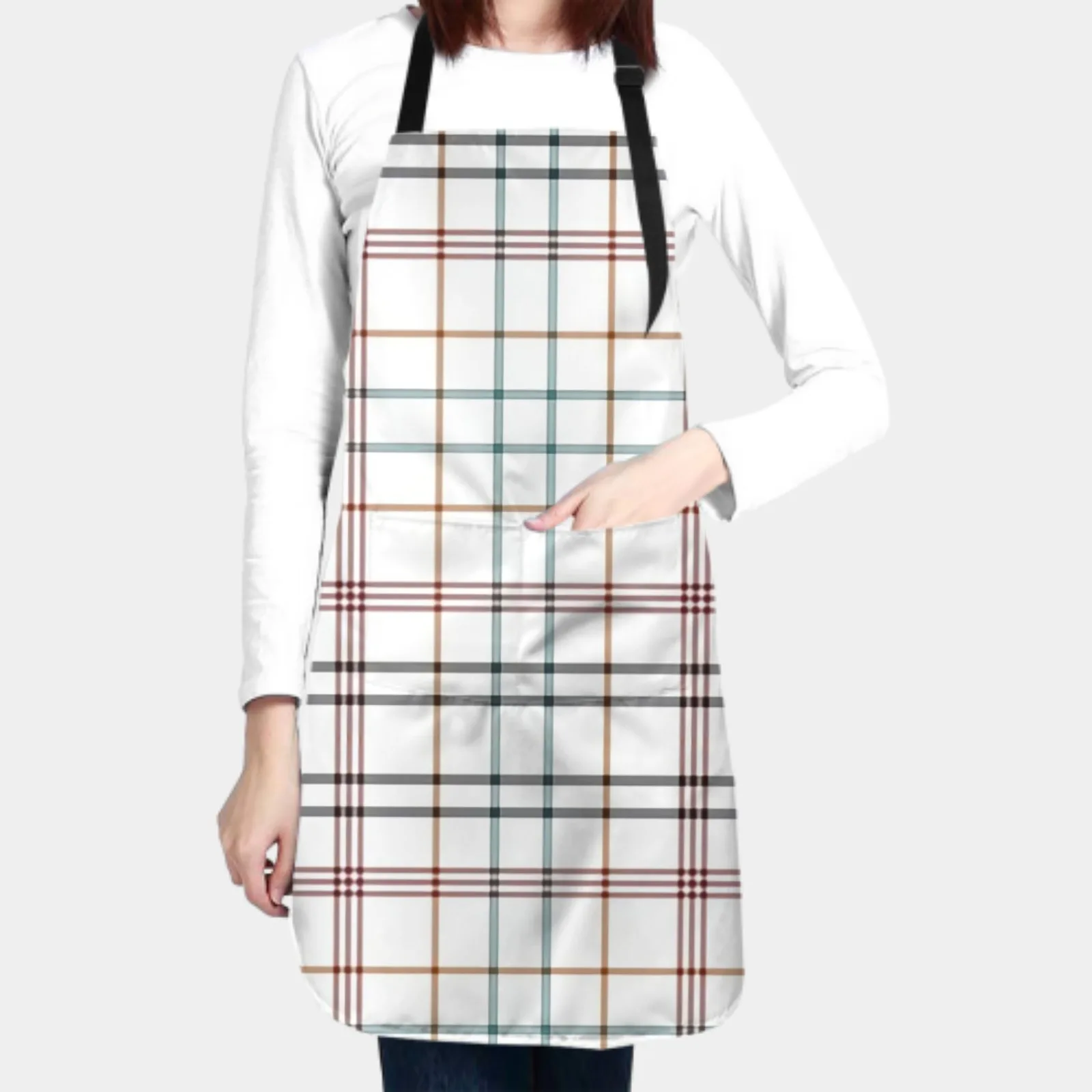 Check Plaid Waterproof Apron with 2 Pockets Kitchen Chef Apron  Apron for Hair Brushing Cooking Baking Painting Gardening