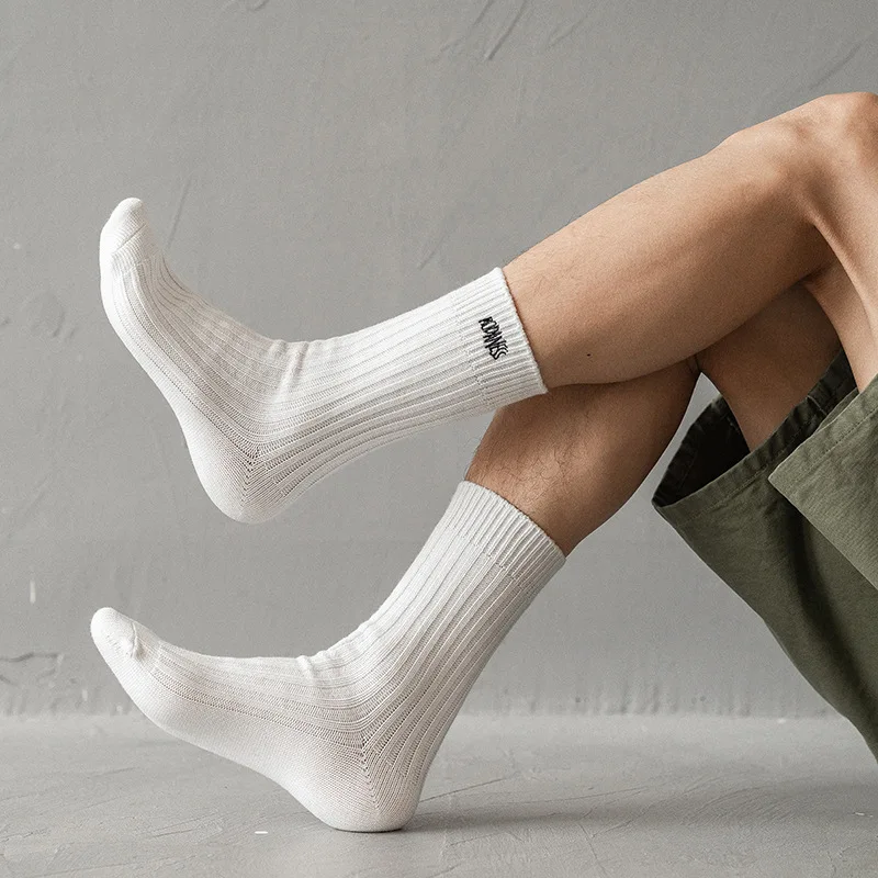 Men's Cotton Crew Socks, Solid Color Vertical Ribbed Mid Calf Socks, Embroidery Letter Breathable Casual Sports Socks