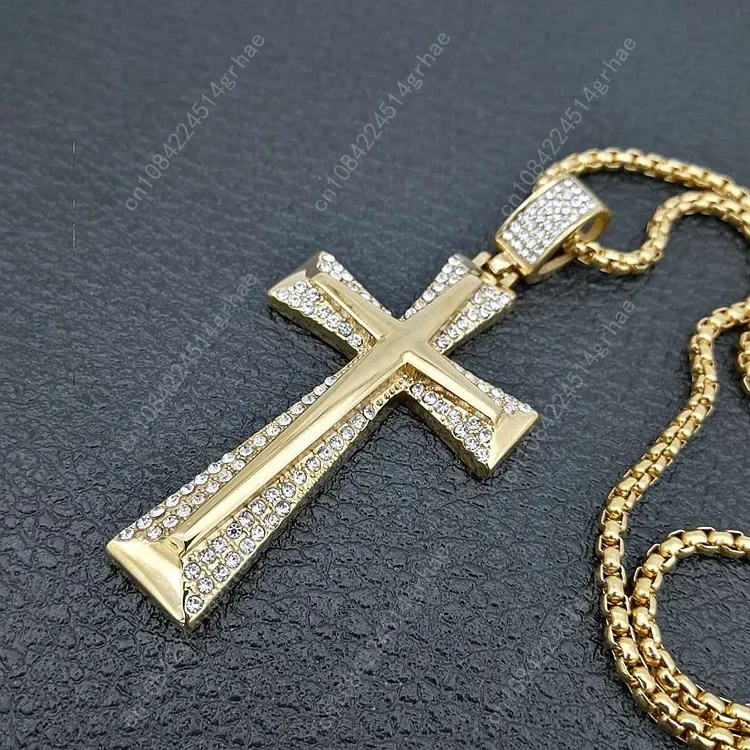 

New hot sale Iced Out Cross Necklace Gold color with Filled Zircons Large Crucifix Pendant Necklace Mens Cool Jewelry