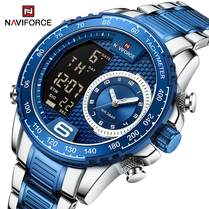 NAVIFORCE Orologio nuovissimo di lusso da uomo Orologio da polso al quarzo con doppio display in acciaio inossidabile Orologio sportivo militare impermeabile da uomo