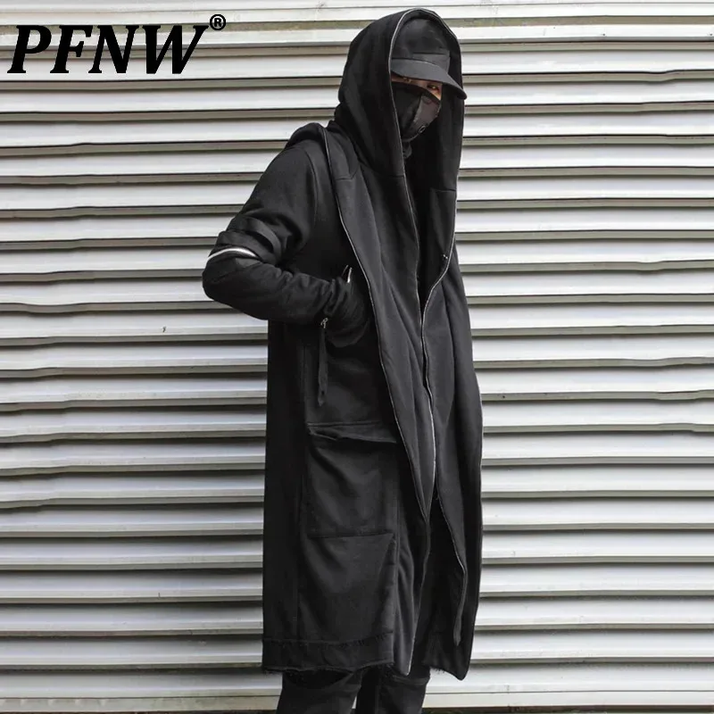 PFNW New Autumn Men's Jackets Zipper Patchwork Hooded Double-deck Long Male Coats Solid Color Menwear Dark Style Trend 12C710