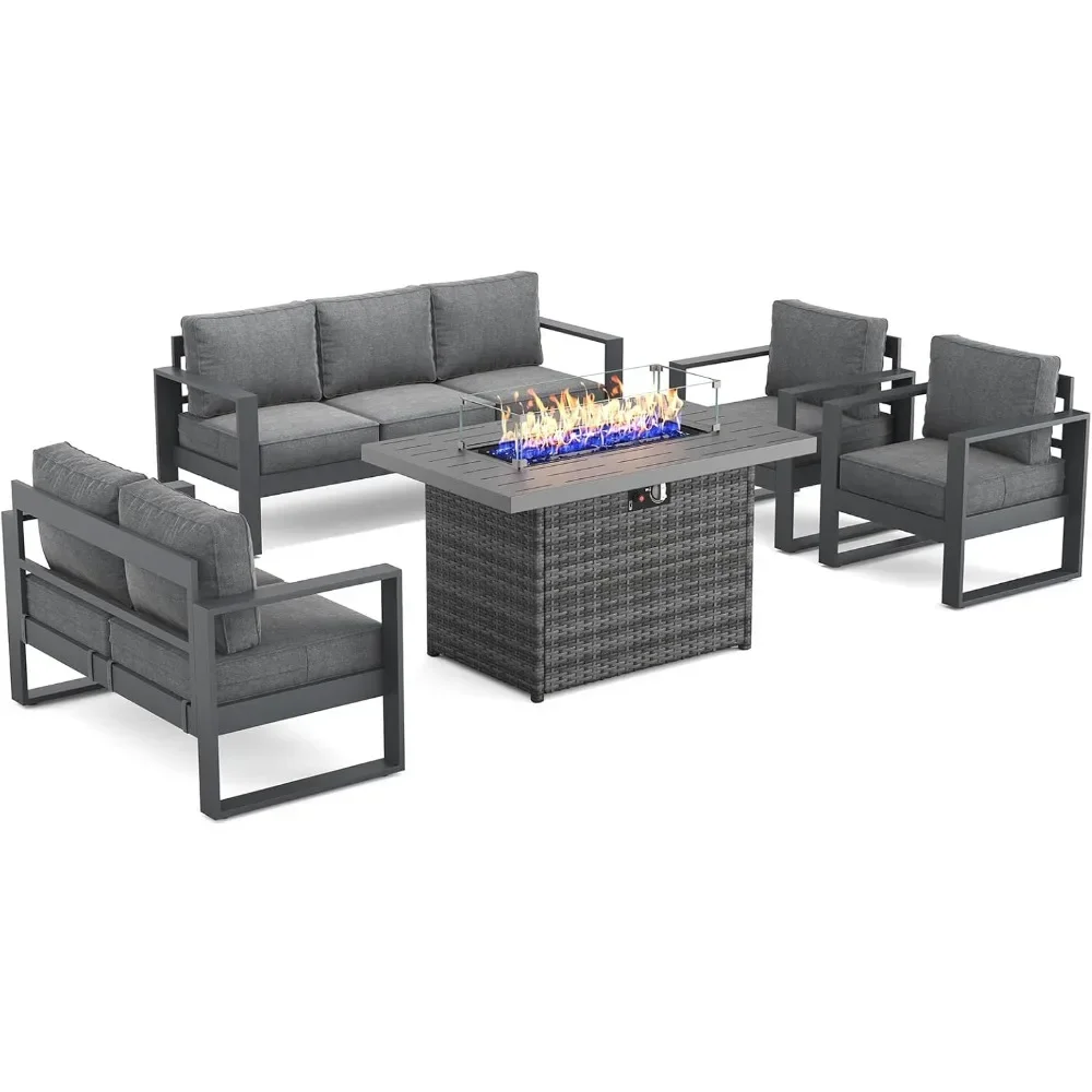 Outdoor Furniture Set Aluminum  with Fire Pit Table - 5 Pieces Modern Patio Conversation Sets Metal Sectional Sofa Set