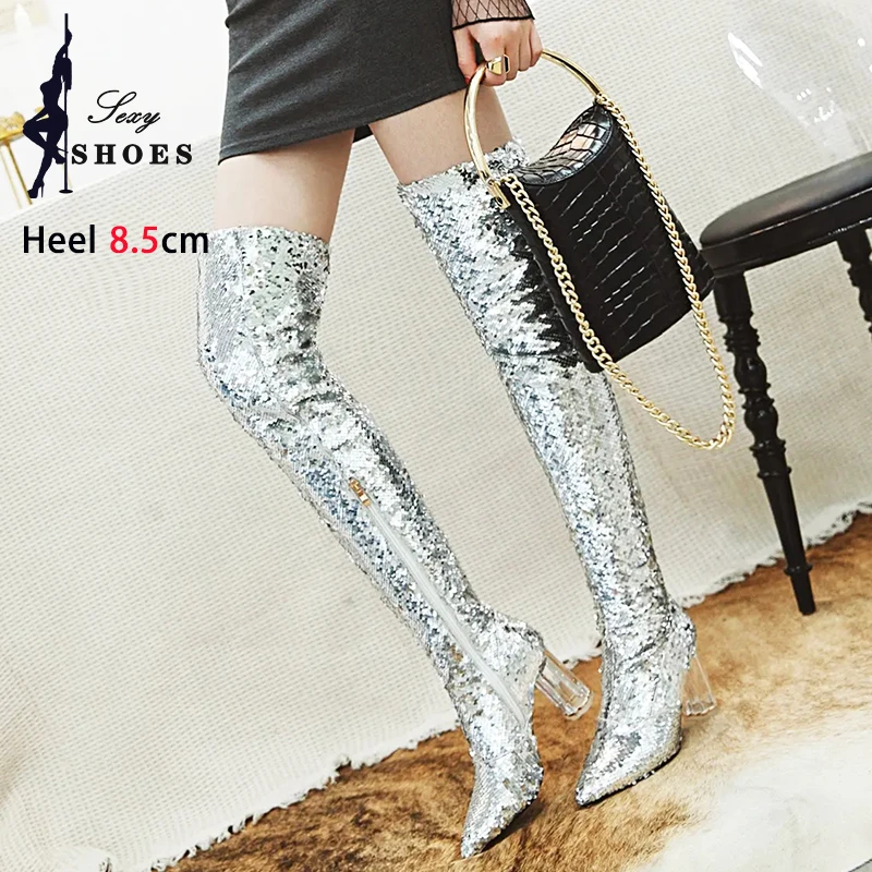 Pointed Toe Over the Knee Boots Women Crystal High Heels Winter Long Tube Booties Nightclub Female Shoes Bling Thigh High Boots