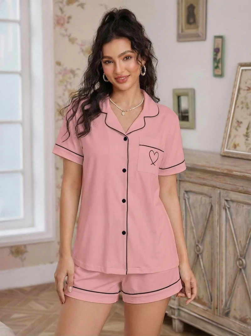 Summer Fashion Simple Pajamas Women's Loungewear Set Cardigan Short Sleeve Shirt Shorts