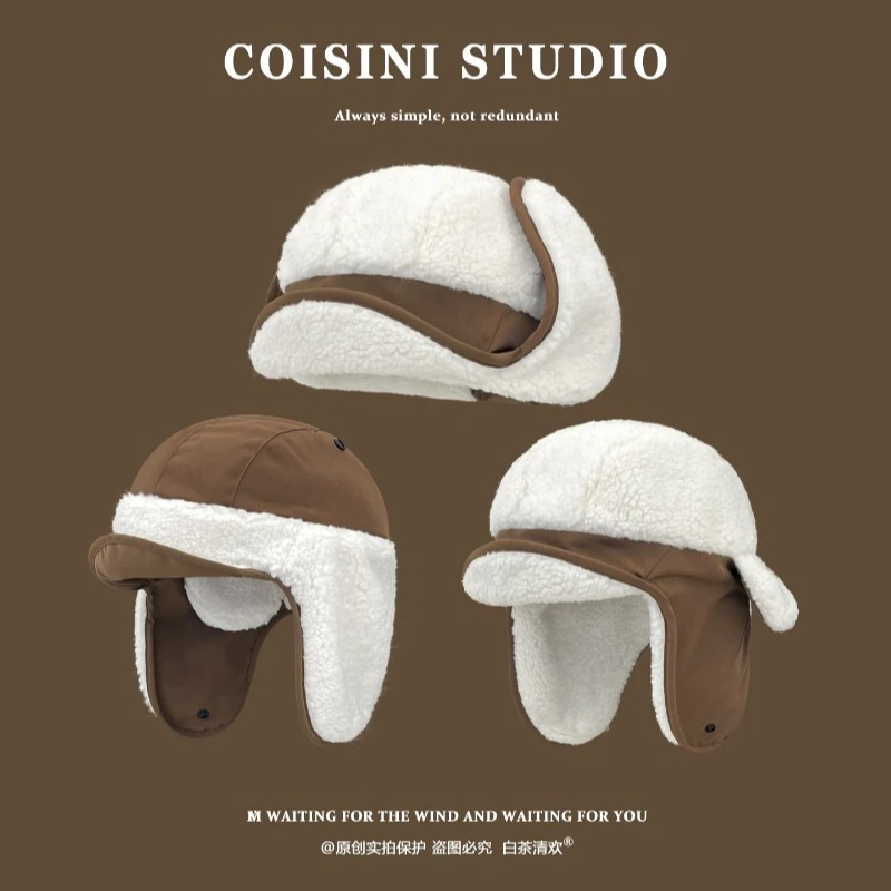 Japanese Lamb Velvet Ear Protection Flying Cap for Women Winter Plush Warm Lei Feng Hat Cycling Ear Protection Bomber Hats Men