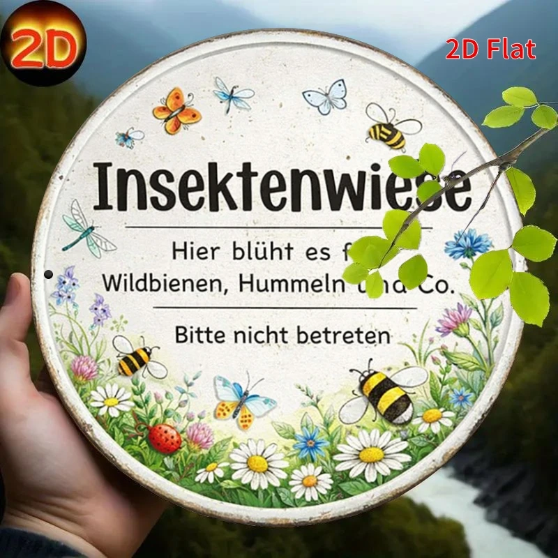 2D Flat - Decorative Sign 2D Flat - [2Dflat] 1pc 20X20Cm - Insect Meadow Round Metal Sign, 8 Wild Bee Butterfly Vintage Tin Plaq
