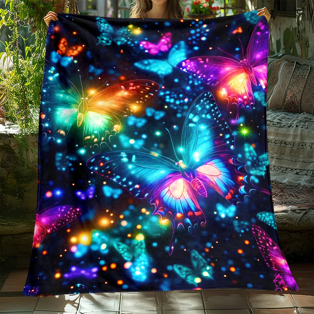 1pc Fluorescent Butterflies in the Night Sky Portable Blanket - Lightweight Flannel Throw for Sofa Bed Travel Camping Livingroom