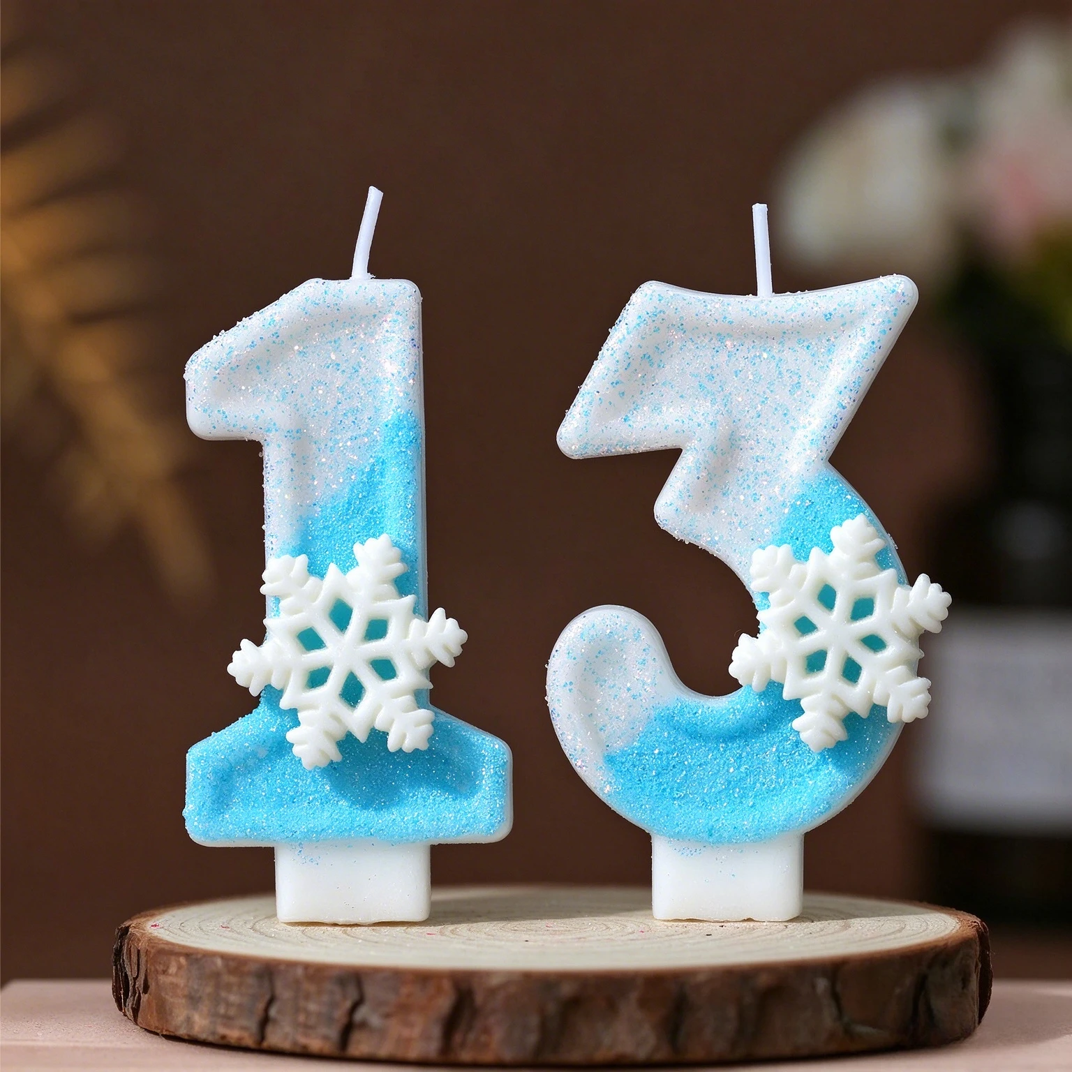 Snowflake birthday candles, blue and white gradient sparkling cake candles, winter frozen themed cake decorations