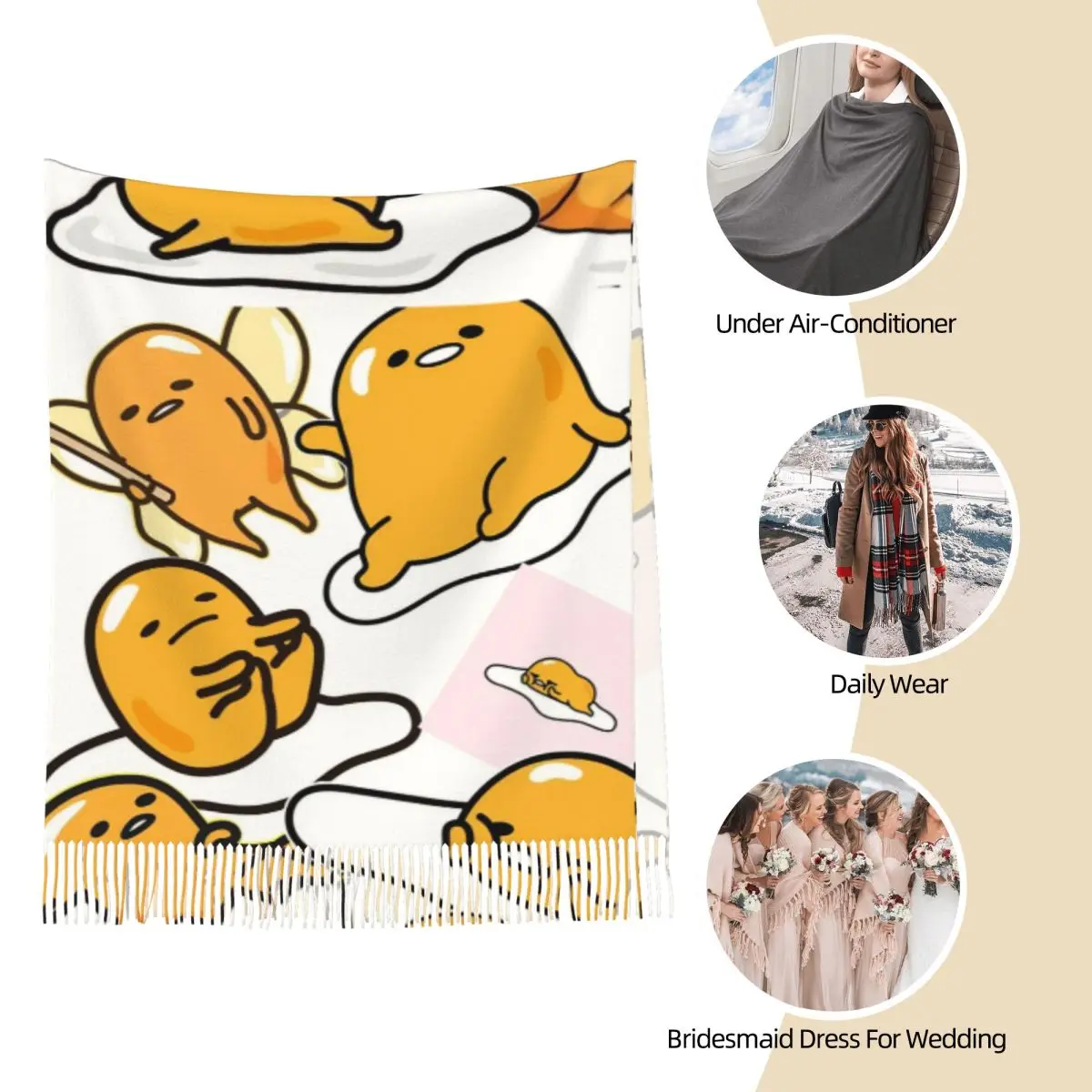 Gudetama Cute Egg Cartoon Scarf for Women Warm Winter Pashmina Shawl Wrap Long Large Scarves with Tassel Lightweight