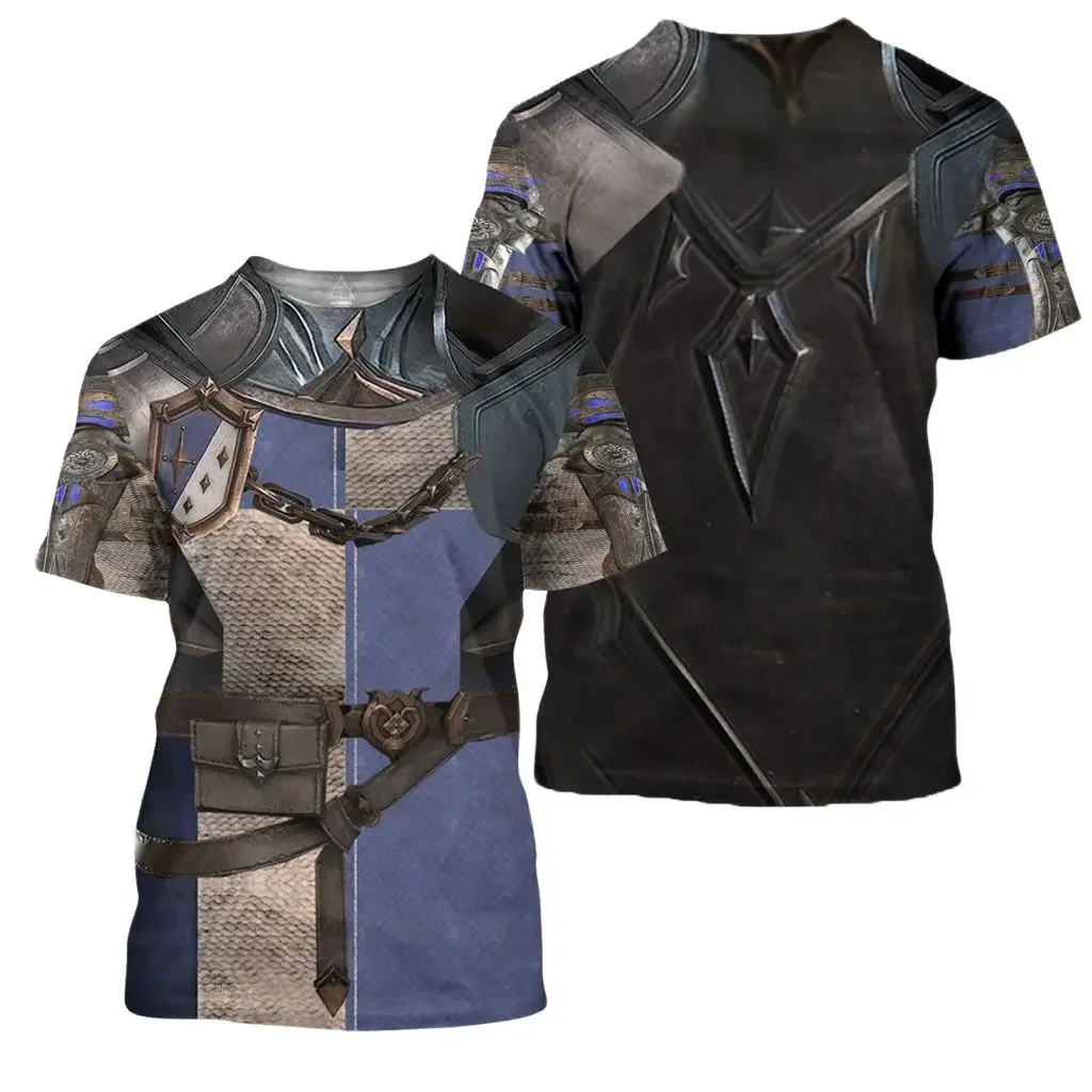 European Medieval Knight Style Summer Print Fashion New Men\'s Street Culture Casual Slim Retro 0 Collar Short Sleeve T-shirt Top