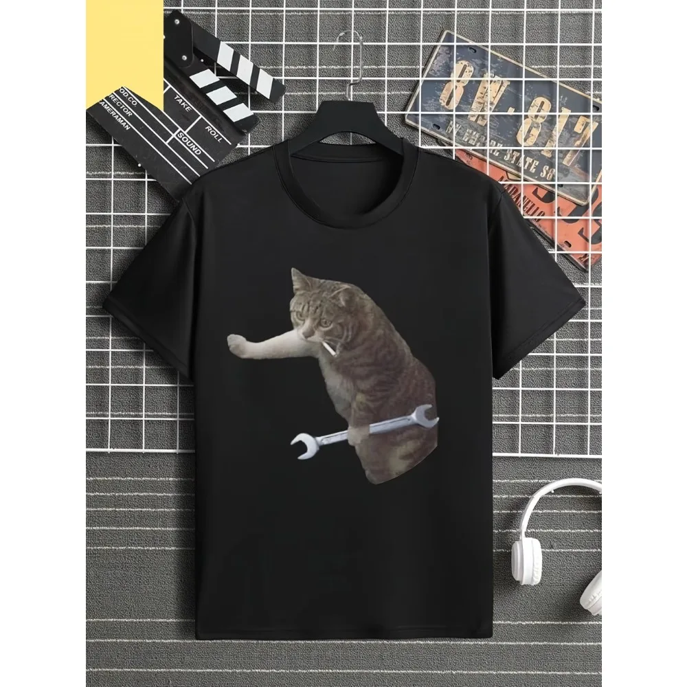 Women's Fun Mechanical Cat T-shirt Black T-shirt with A Tabby Cat Graphic Automotive Activity Casual Streetwear Men's Clothing