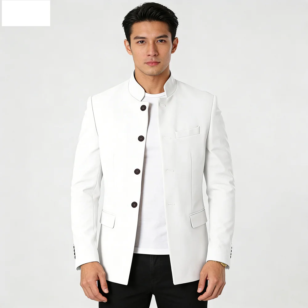 

Мужской высококачественный однотонный пиджак с воротником-стойкой на одной пуговице, повседневный приталенный крой, для мужчин