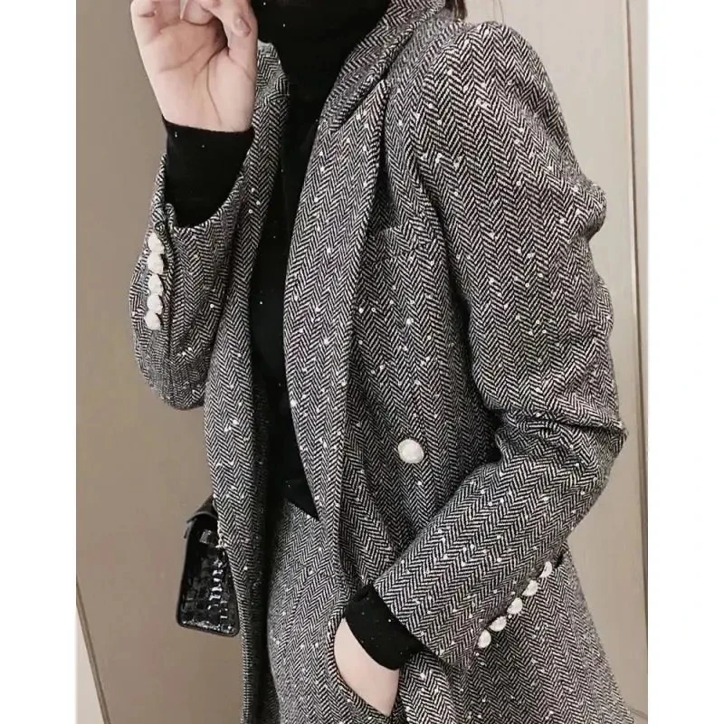 Autunno primavera donna Blazer con paillettes lucide Set da 2 pezzi giacca Casual da donna + pantaloncini Set abito da donna cappotto Vintage su