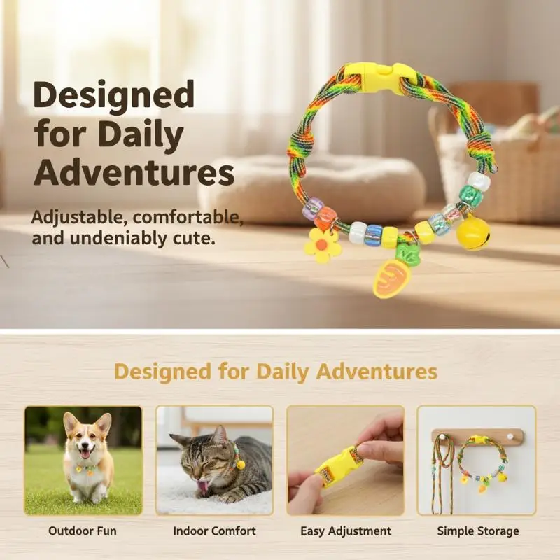 Cute Colorful Pendant Pet Necklace Braided Adjustable Cat Dog Neck Chain With Bells Pet Jewelry Pet Costume Accessories