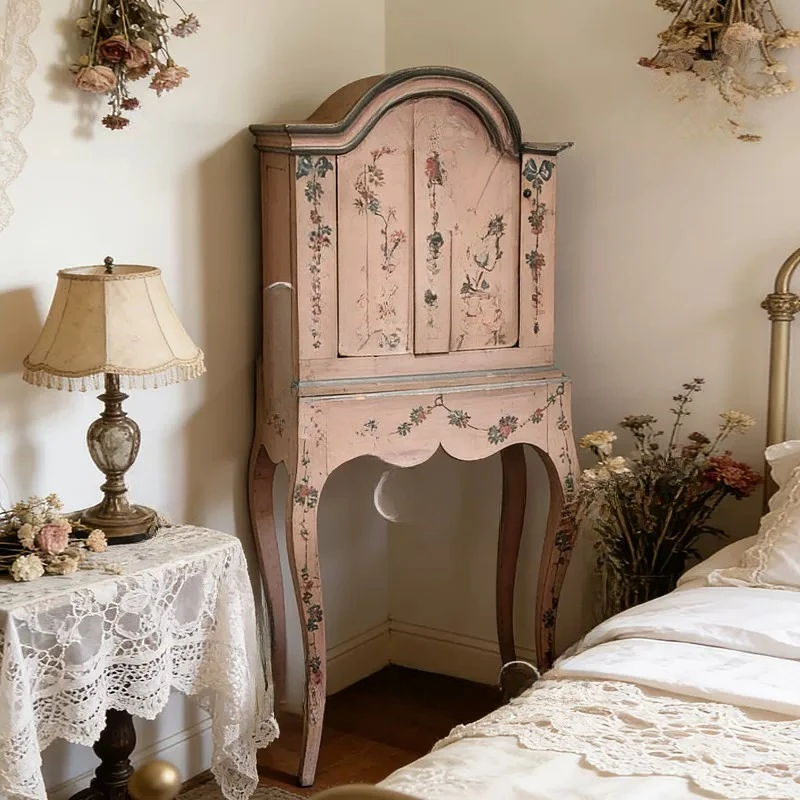 

"French Retro Pink Side Cabinet" Medieval Painted Flower Side Cabinet