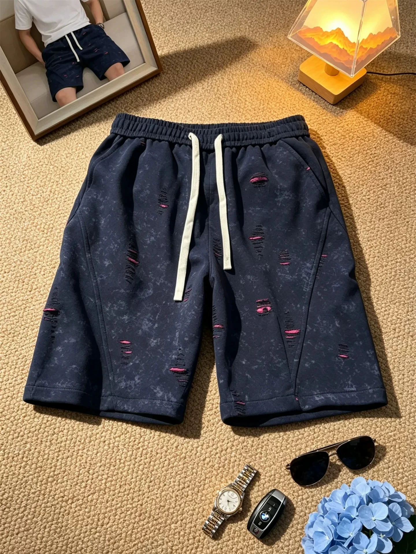 Retro Style Men's Short Pants Summer Wear American Dyed Design Sensation Torn Hole Five-Point Pants Loose Fit Elastic Waist
