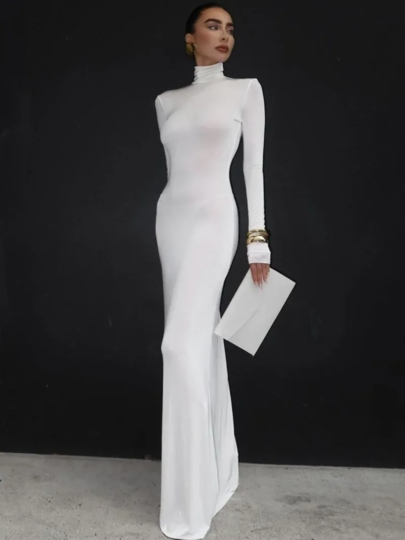 Woman Clothing Turtleneck Long Maxi Dress Streetwear 2024 Autumn Female Long Sleeve Bodycon Solid White Evening Party Dresses