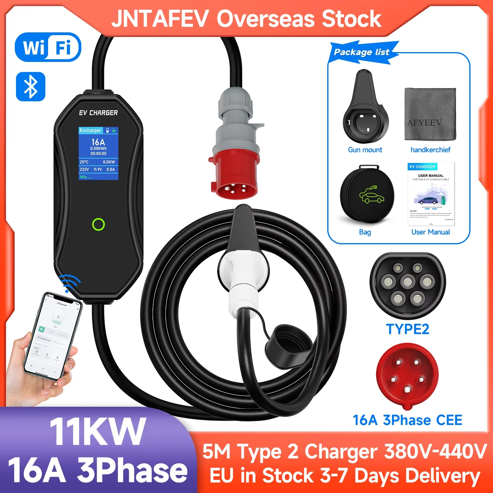Chargeur EV portable JNTAFEV Type 2 11KW 16A 3 phases, charge rapide, contrôle intelligent par application, chargeur EV pour voiture électrique