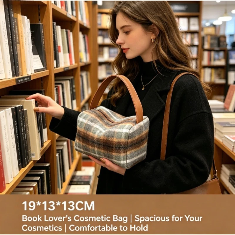 Korean Style Wool Plaid Cosmetic Bag for Women, Large Capacity Premium Texture Versatile Portable Handheld Travel Wash