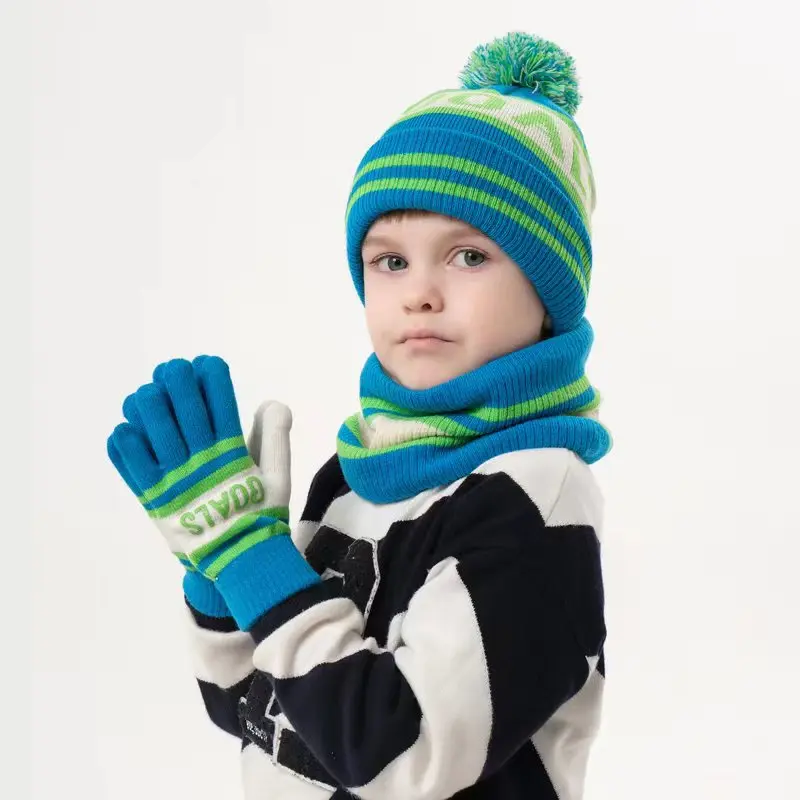 

Winter Kids Hat Scarf and Gloves 3Pcs Set for Boys and Girls Striped Pom Beanie Glove Neck Warmer