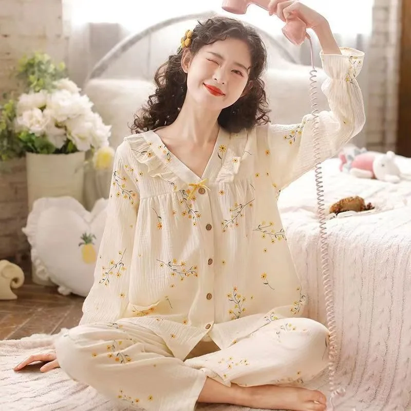 2023 New Cotton Pajamas Women Spring Autumn Long-sleeved V-neck Loungewear Winter Confinement Wear Loungewear