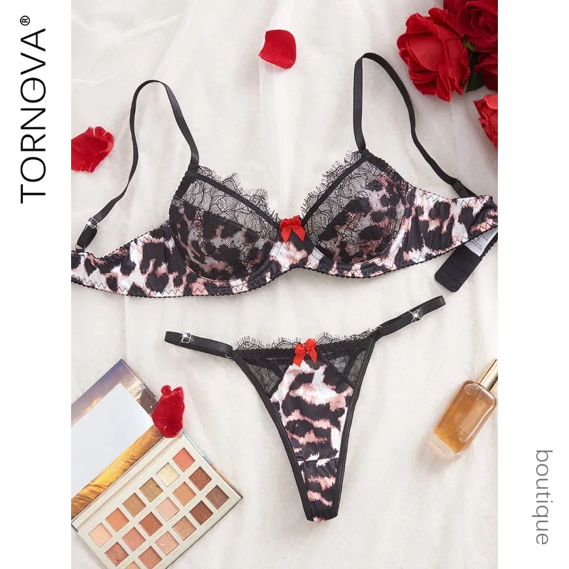 

Tornova Erotic Panty 2PCS Lace Leopard Print Steel Ring Gather Together Breathable Women Slim Backless Sexy Elegant Hot Bra Set
