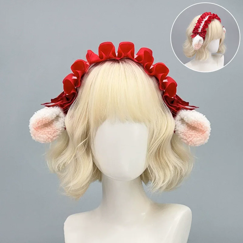 Japanese Harajuku Style Lolita Sheep Ear Headband Sweet Girl Cute Faux Lamb Fur Bow Headpiece Clouds Soft Cosplay Headband