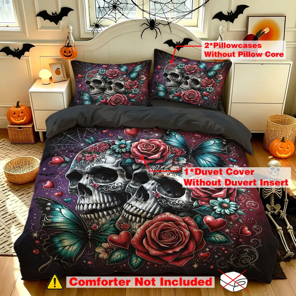 3pcs(1 duvet cover + 2 pillowcases, coreless)with artistic patterns of skulls butterflies, and hearts.in multiple sizes