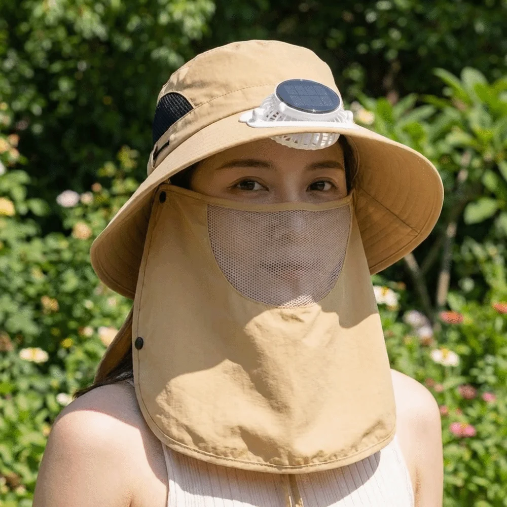 

Portable Solar Rechargeable Fan Hat Adjustable Long-lasting Fishing Sun Shading Hat with Face Cover 1000mA Wide Brim Fan Hat