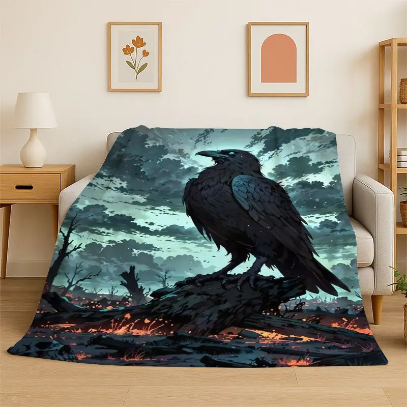 Gothic Raven Skull Crow Cartoon Flannel Blanket Soft Warm Throw Blanket for Bedroom Living Room Bed Travel Camping Picnic Cover