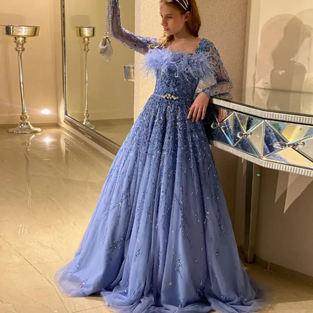 

Luxury Dubai Blue Girl Dress Feathers Beaed A-Line Gown for Kids Wedding Birthday Communion Party Pageant 2025