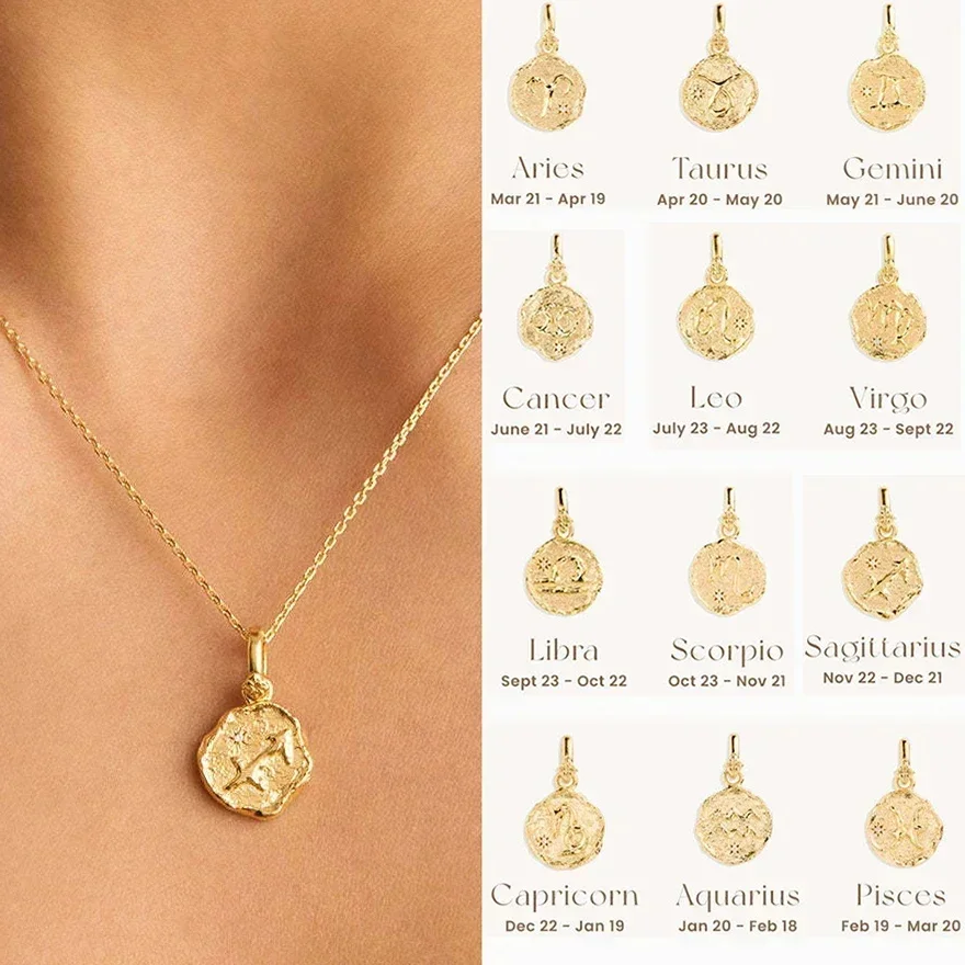 Vintage Stainless Steel Irregular Lava Texture 12 Constellations Symbol Necklace Zodiac Sign Coin Pendant Choker Jewelry Woimen