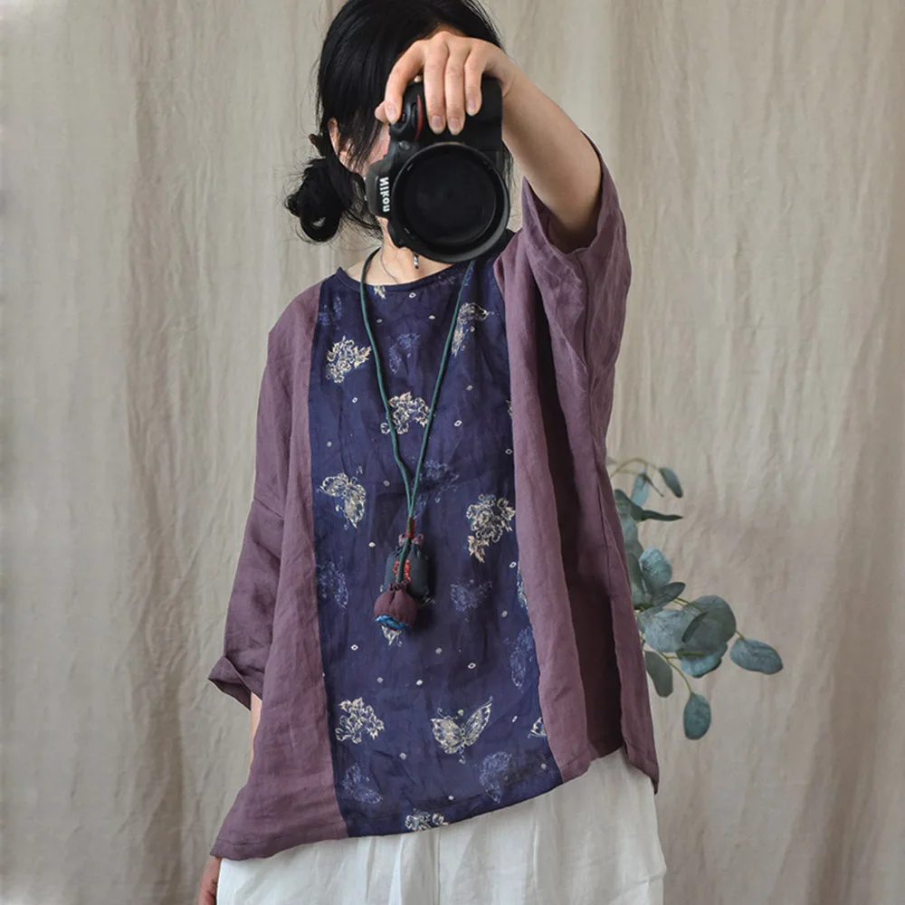 여름 빈티지 컨트리 스타일 블라우스 여성용 리넨 패치 워크 라미 셔츠 풀오버 라운드 넥 3/4 슬리브 캐주얼 루즈 쇼트 탑