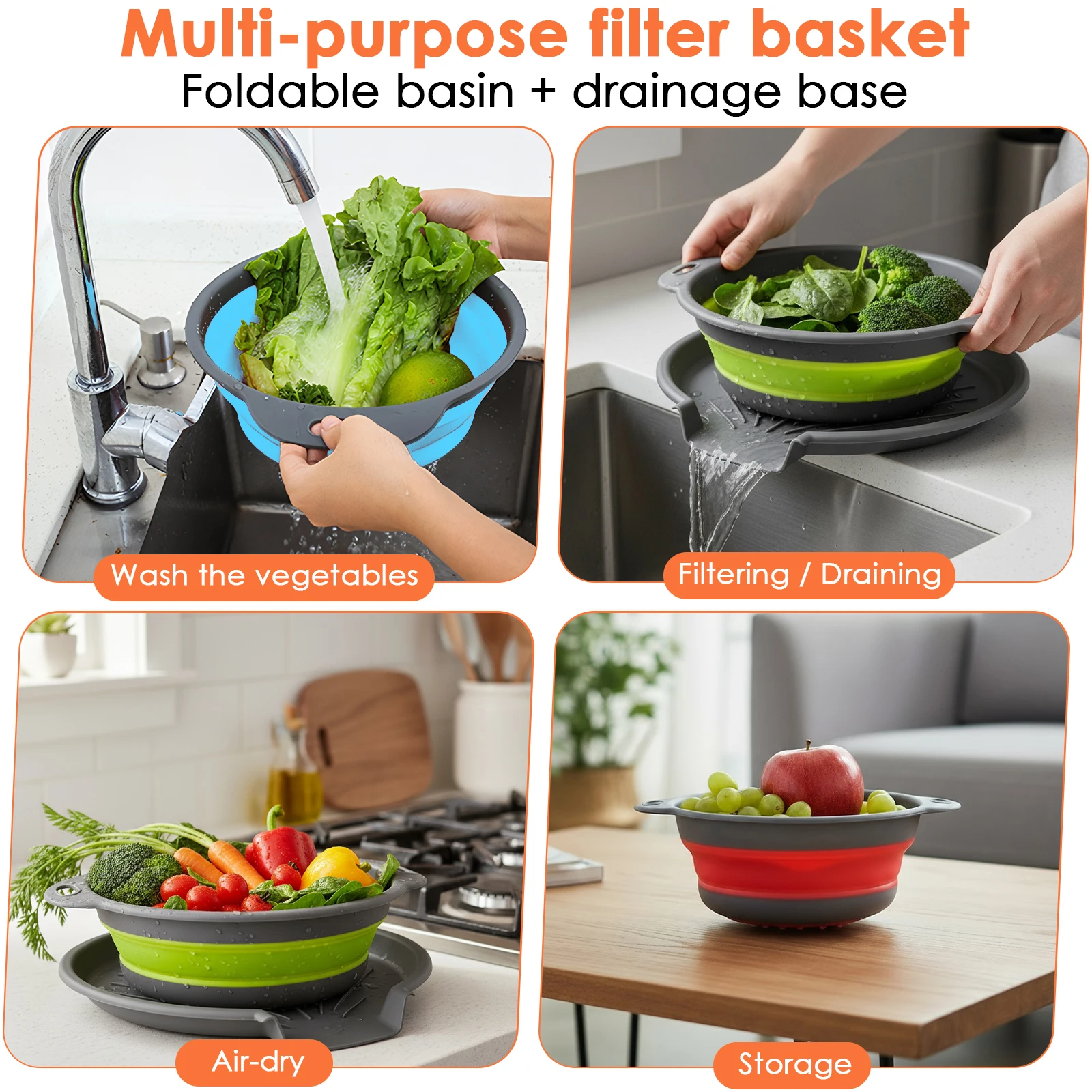

New 4PCS Foldable Collapsible Colander Set Drain Basket with Self-Draining Base Vegetables Fruit Washing Basket Kitchen Drainer