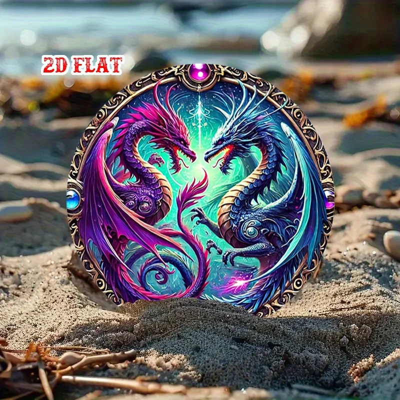 مسطح ثنائي الأبعاد، قطعة واحدة من لوحات فنية جدارية من الألومنيوم على شكل تنين أسطوري - لافتة قصدير معدنية كونية نابضة بالحياة مع إطار كريستالي، ديكور ريفي للمنزل، #4