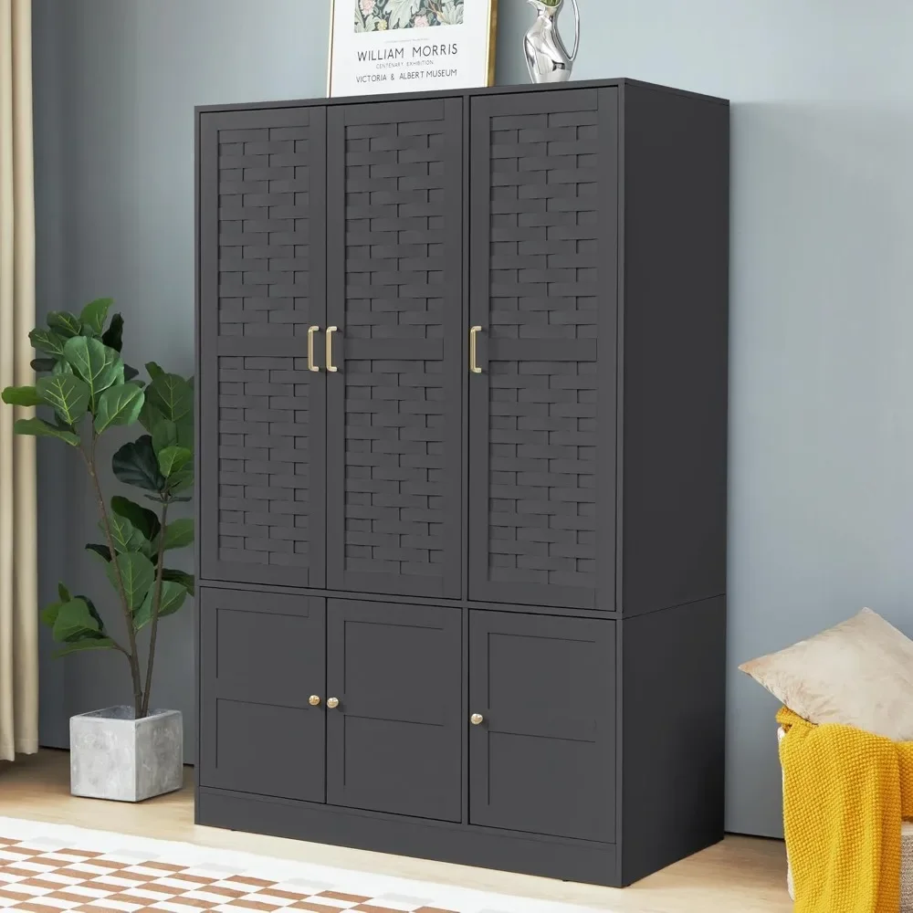 Black Wardrobe Closet with 6 Woven Doors, Large Armoire Wardrobe Cabinet with Adjustable Shelves and Hanging Rail, Freestanding